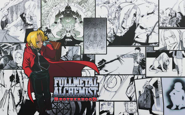 A dynamic HD wallpaper featuring Alphonse and Edward Elric from Fullmetal Alchemist, surrounded by iconic scenes and characters from the anime.