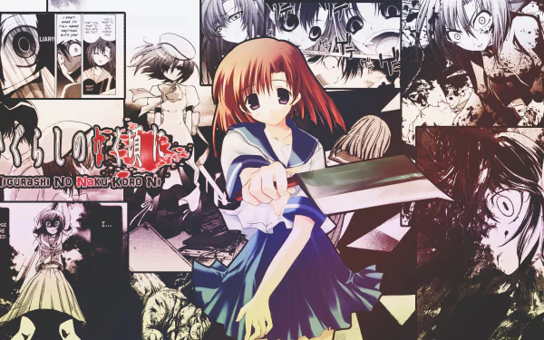 HD anime desktop wallpaper featuring Rena Ryūgū from Higurashi When They Cry, surrounded by manga panels in a dark, intense collage style.