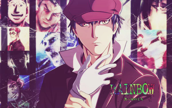 Anime-themed HD wallpaper featuring characters from Nisha Rokubou no Shichinin, showcasing a dramatic scene with a central figure in a stylish pose against vibrant backgrounds.