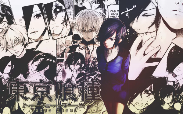 A striking HD wallpaper featuring Touka Kirishima from Tokyo Ghoul, surrounded by iconic characters and panels from the anime's intense storyline.