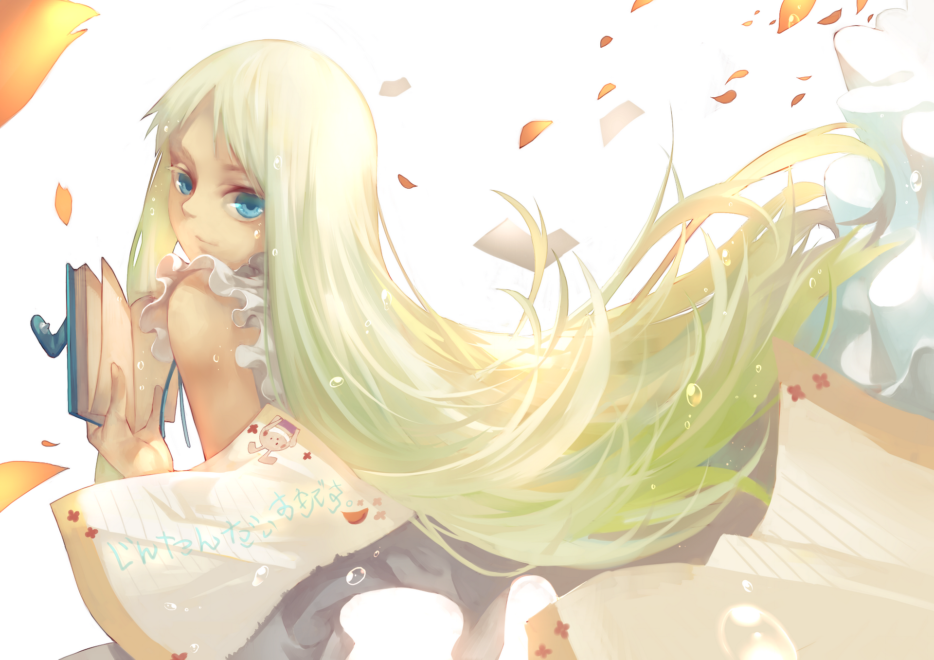 HD anime desktop wallpaper featuring a character from Anohana with long flowing blonde hair, holding a book amid softly falling petals and a bright, ethereal background.