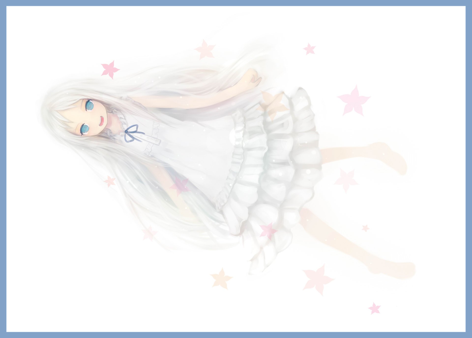 HD PC desktop wallpaper of an anime character from Anohana, featuring a pale girl with long white hair in a flowing white dress surrounded by soft pastel stars.