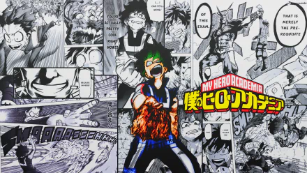 HD desktop wallpaper featuring Izuku Midoriya from My Hero Academia, showcasing a mix of manga panels in black and white with a central color image of Midoriya in his hero costume.