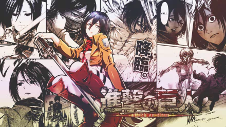 High-definition desktop wallpaper featuring Mikasa Ackerman from the anime Attack on Titan, showcasing dynamic action scenes and a bold artistic style.