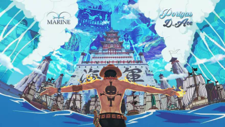 A vibrant HD desktop wallpaper featuring Portgas D. Ace from the anime One Piece, standing with arms outstretched against a dramatic marine backdrop.
