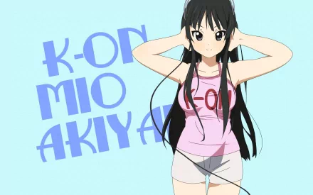 HD wallpaper featuring Mio Akiyama from the anime K-ON!, posing playfully with her hands on her head, set against a light blue background with her name and the show title.
