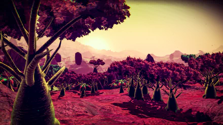 No Man's Sky video game HD PC desktop wallpaper: alien landscape with pink trees, bulbous trunks and floating rocks beneath a pale sunset, distant mountains on the horizon.