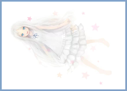 HD PC desktop wallpaper of an anime character from Anohana, featuring a pale girl with long white hair in a flowing white dress surrounded by soft pastel stars.