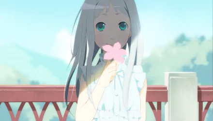 HD PC desktop wallpaper featuring an Anime character from Anohana holding a pink flower with a soft, serene background.