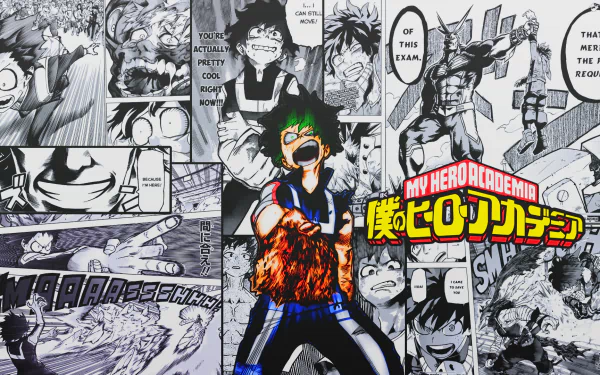 HD desktop wallpaper featuring Izuku Midoriya from My Hero Academia, showcasing a mix of manga panels in black and white with a central color image of Midoriya in his hero costume.