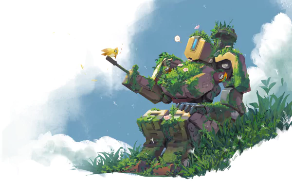 A vibrant HD wallpaper featuring Bastion from Overwatch, depicted amidst lush greenery and flowers, showcasing a serene blend of nature and technology in a video game setting.