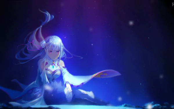 HD desktop wallpaper featuring Emilia from Re:Zero - Starting Life in Another World. The anime character is amidst a dreamy, starry background with a calm expression. Subaru Natsuki is also tagged.