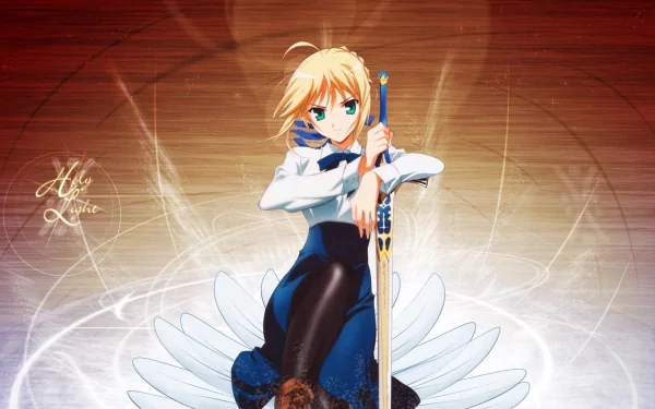 Anime character Saber from Fate/Stay Night: Unlimited Blade Works is depicted with short blonde hair, green eyes, holding a sword, wearing a skirt and pantyhose. HD desktop wallpaper background.