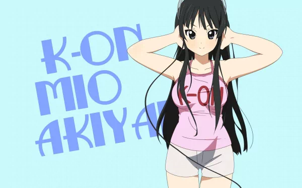 HD wallpaper featuring Mio Akiyama from the anime K-ON!, posing playfully with her hands on her head, set against a light blue background with her name and the show title.