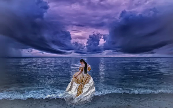 Artistic HD PC desktop wallpaper/background: a woman in an ornate gown at the ocean horizon, standing where waves meet shore beneath dramatic purple clouds.