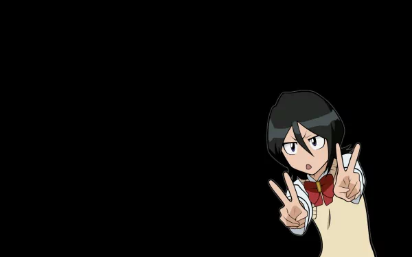 A vibrant HD desktop wallpaper featuring Rukia Kuchiki from the anime Bleach, playfully posing with two peace signs against a dark background.