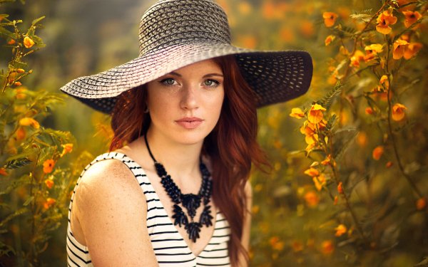 Women Model Yellow Flower Hat Redhead Necklace HD Wallpaper | Background Image