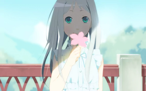 HD PC desktop wallpaper featuring an Anime character from Anohana holding a pink flower with a soft, serene background.