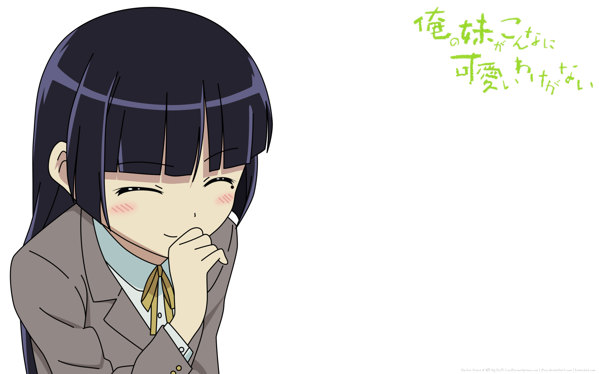 HD PC desktop wallpaper featuring a blushing anime girl from Oreimo, with dark hair and a school uniform, expressing a shy or embarrassed emotion.