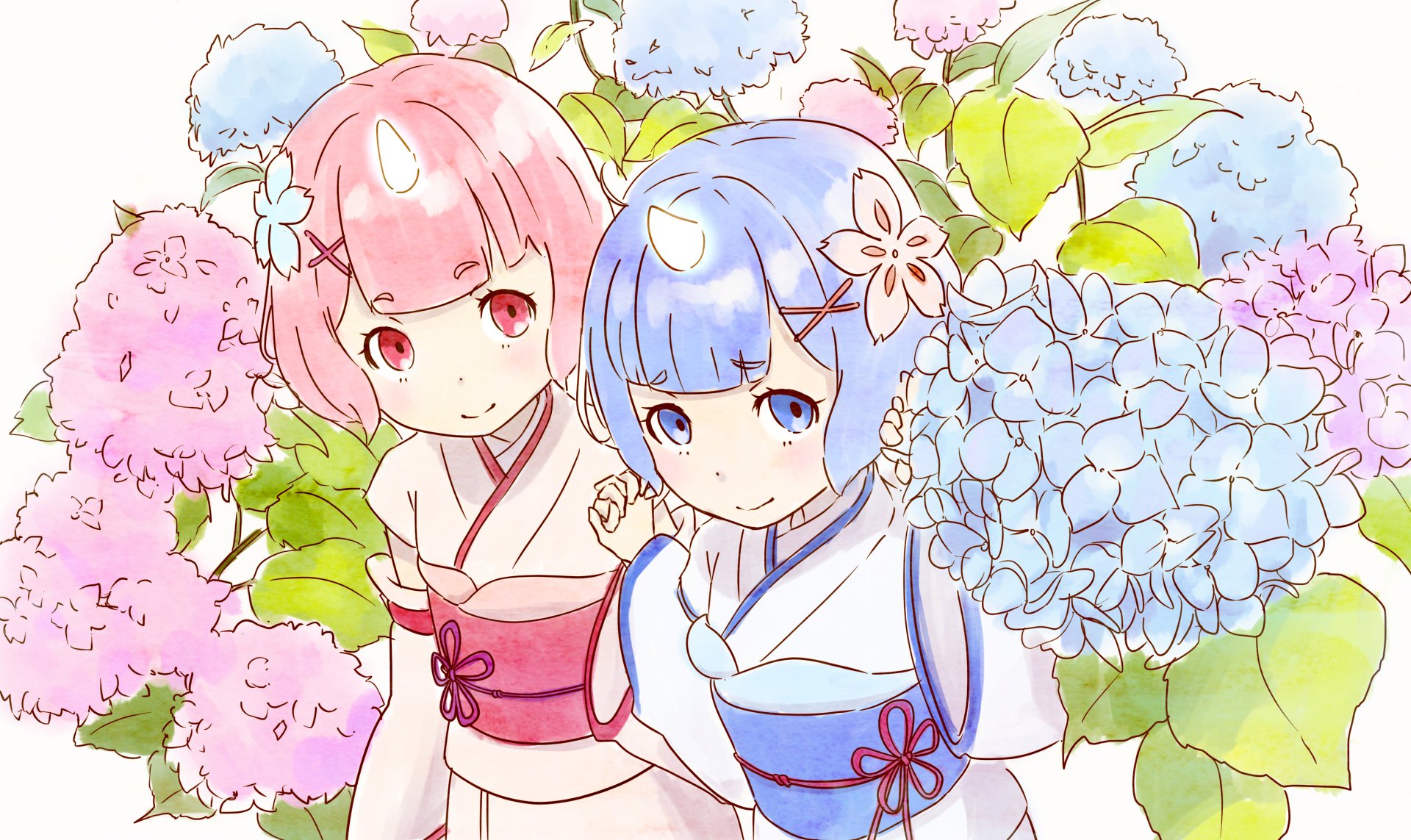 High-definition wallpaper featuring Ram and Rem from Re:ZERO - Starting Life in Another World, set against a vibrant backdrop of hydrangeas in various colors.