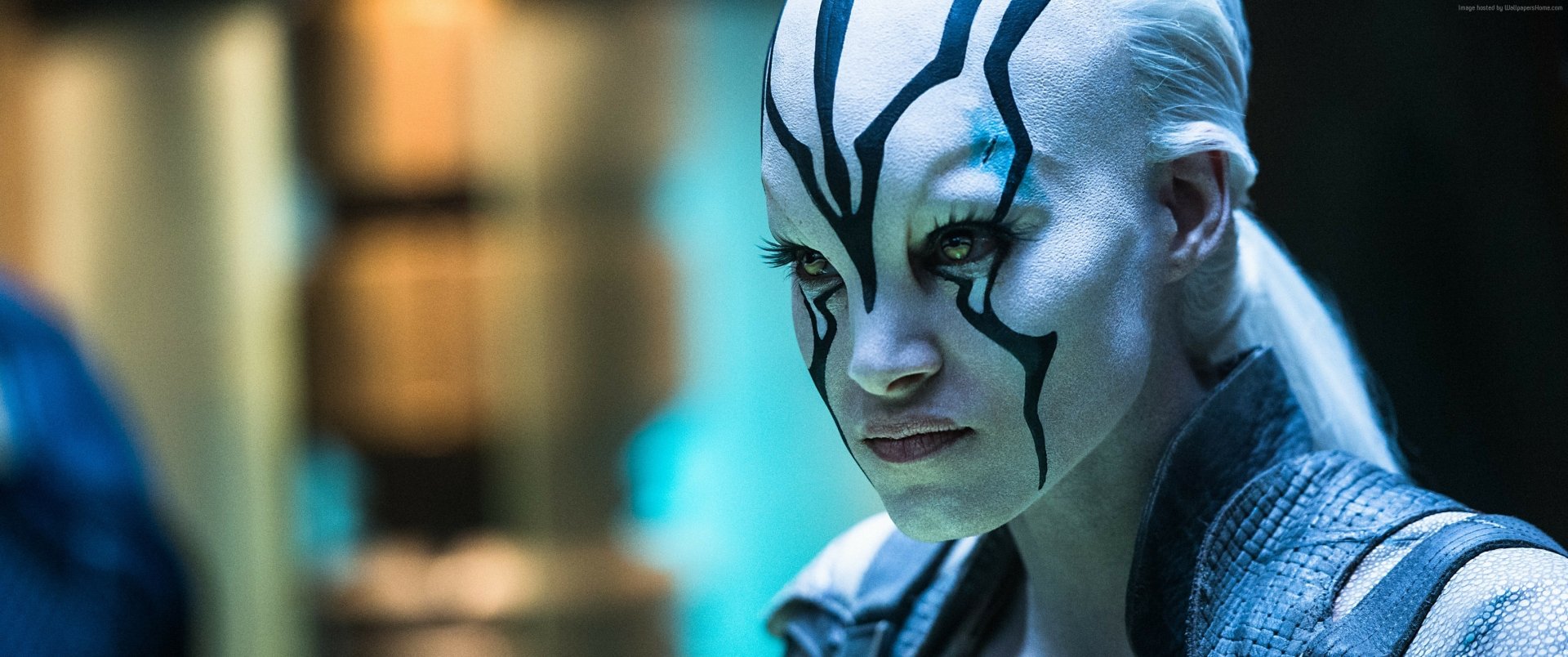 Close-up of an alien character with striking black facial markings from the movie Star Trek Beyond, featured as an HD PC desktop wallpaper and background.