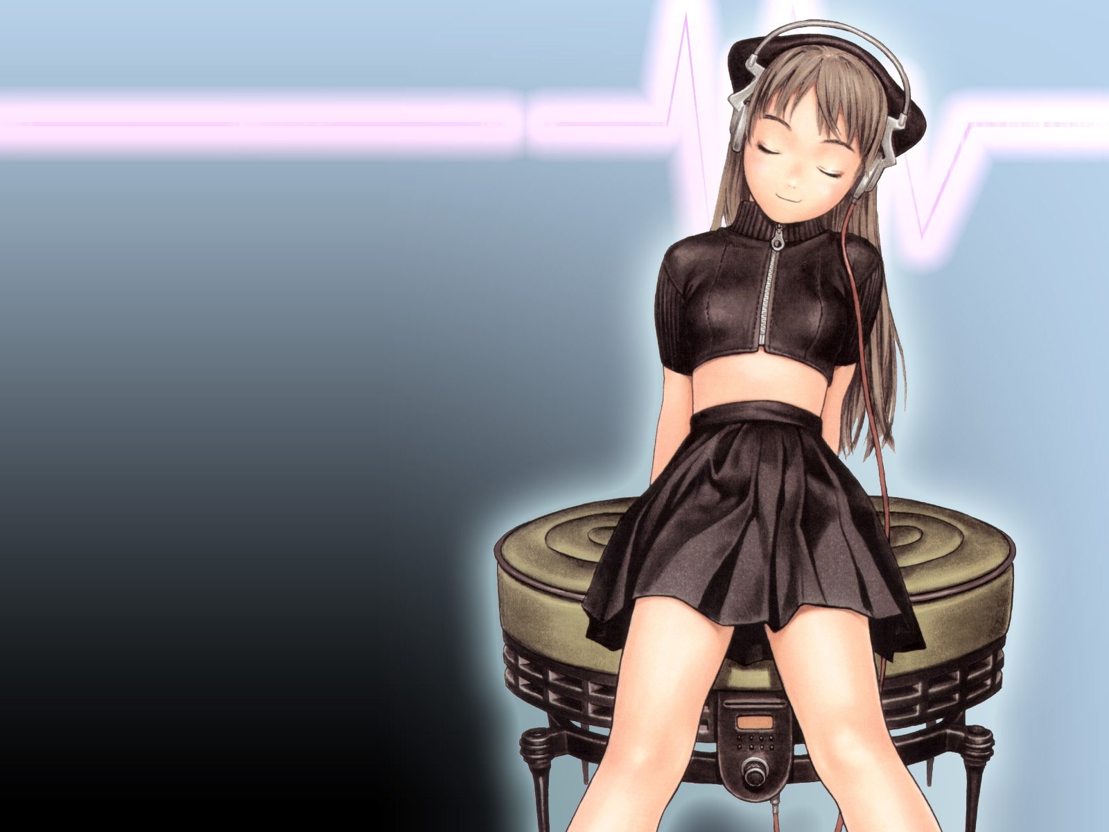 An anime character with long hair wears headphones, seated on a futuristic stool. The background features a subtle waveform design, creating a vibrant HD desktop wallpaper.