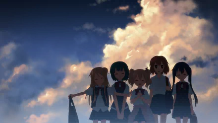 KINMOZA! anime 4K Ultra HD PC desktop wallpaper: five schoolgirls silhouetted against a dramatic, glowing cloud-filled sunset sky.