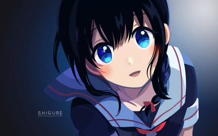 A vibrant HD wallpaper featuring Shigure from Kantai Collection, showcasing her expressive blue eyes and dark hair in an anime style. Perfect for anime fans and desktop backgrounds.