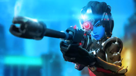 A striking HD wallpaper featuring Widowmaker from Overwatch, poised with a sniper rifle, showcasing her iconic blue skin and sleek armor against a vibrant background.