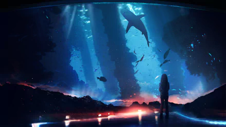 A child stands in an aquarium, gazing in awe as sharks and other fish swim through an ethereal, underwater landscape illuminated by beams of light, creating a fantastical atmosphere.