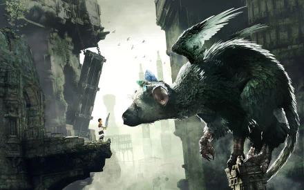 HD desktop wallpaper of The Last Guardian video game depicting a young boy facing a large, mythical creature amid ancient ruins.