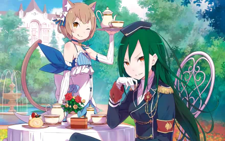 A colorful HD wallpaper featuring Felix Argyle and Crusch Karsten from the anime Re:Zero - Starting Life in Another World, set in a charming outdoor tea party scene.