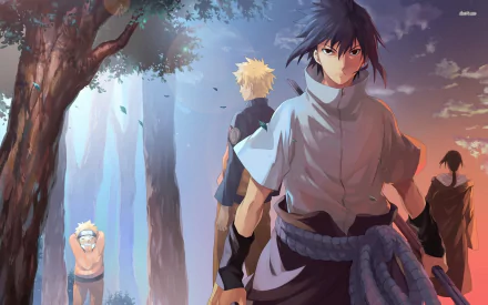 HD anime desktop wallpaper featuring Naruto Uzumaki and Sasuke Uchiha in a forest setting, showcasing iconic characters from the Naruto series.