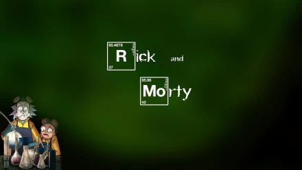 HD desktop wallpaper featuring Rick Sanchez and Morty Smith from the TV show Rick and Morty, with the show's name spelled using element symbols on a green background.