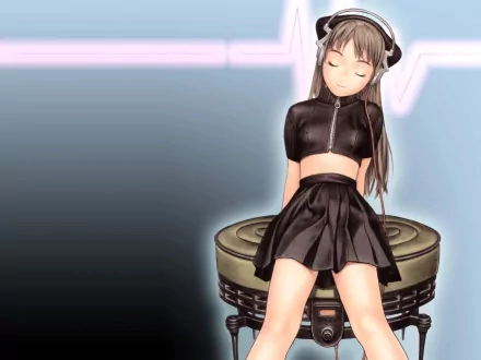 An anime character with long hair wears headphones, seated on a futuristic stool. The background features a subtle waveform design, creating a vibrant HD desktop wallpaper.