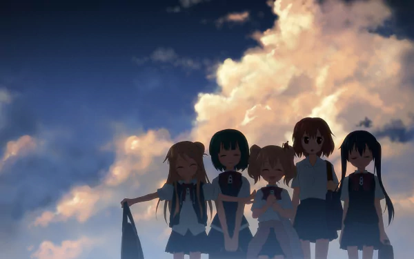 KINMOZA! anime 4K Ultra HD PC desktop wallpaper: five schoolgirls silhouetted against a dramatic, glowing cloud-filled sunset sky.