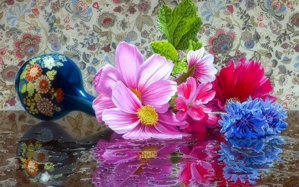 Photography Still Life Vase Flower Reflection Pink Flower Blue Flower HD Wallpaper | Background Image