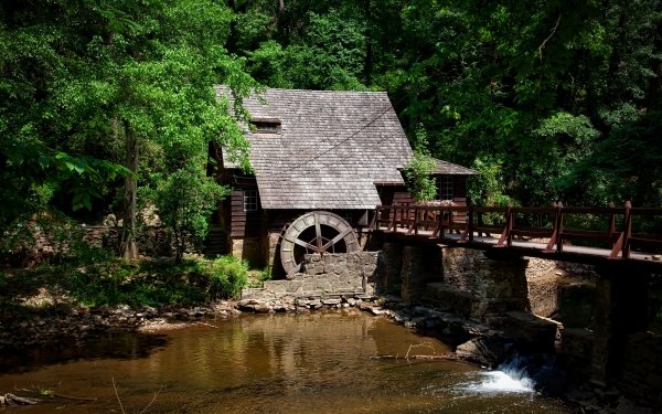Man Made Watermill Water Building Bridge Forest HD Wallpaper | Background Image