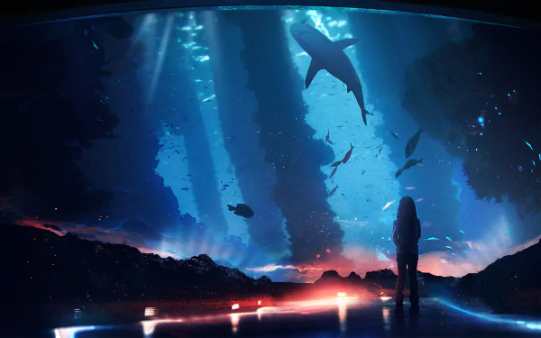 A child stands in an aquarium, gazing in awe as sharks and other fish swim through an ethereal, underwater landscape illuminated by beams of light, creating a fantastical atmosphere.