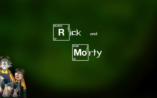 HD desktop wallpaper featuring Rick Sanchez and Morty Smith from the TV show Rick and Morty, with the show's name spelled using element symbols on a green background.