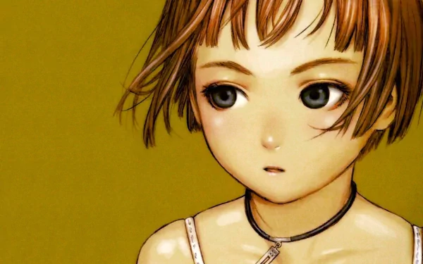 Anime-style HD desktop wallpaper featuring a close-up of a thoughtful young girl with short hair against a warm, muted background in a super color comic style.