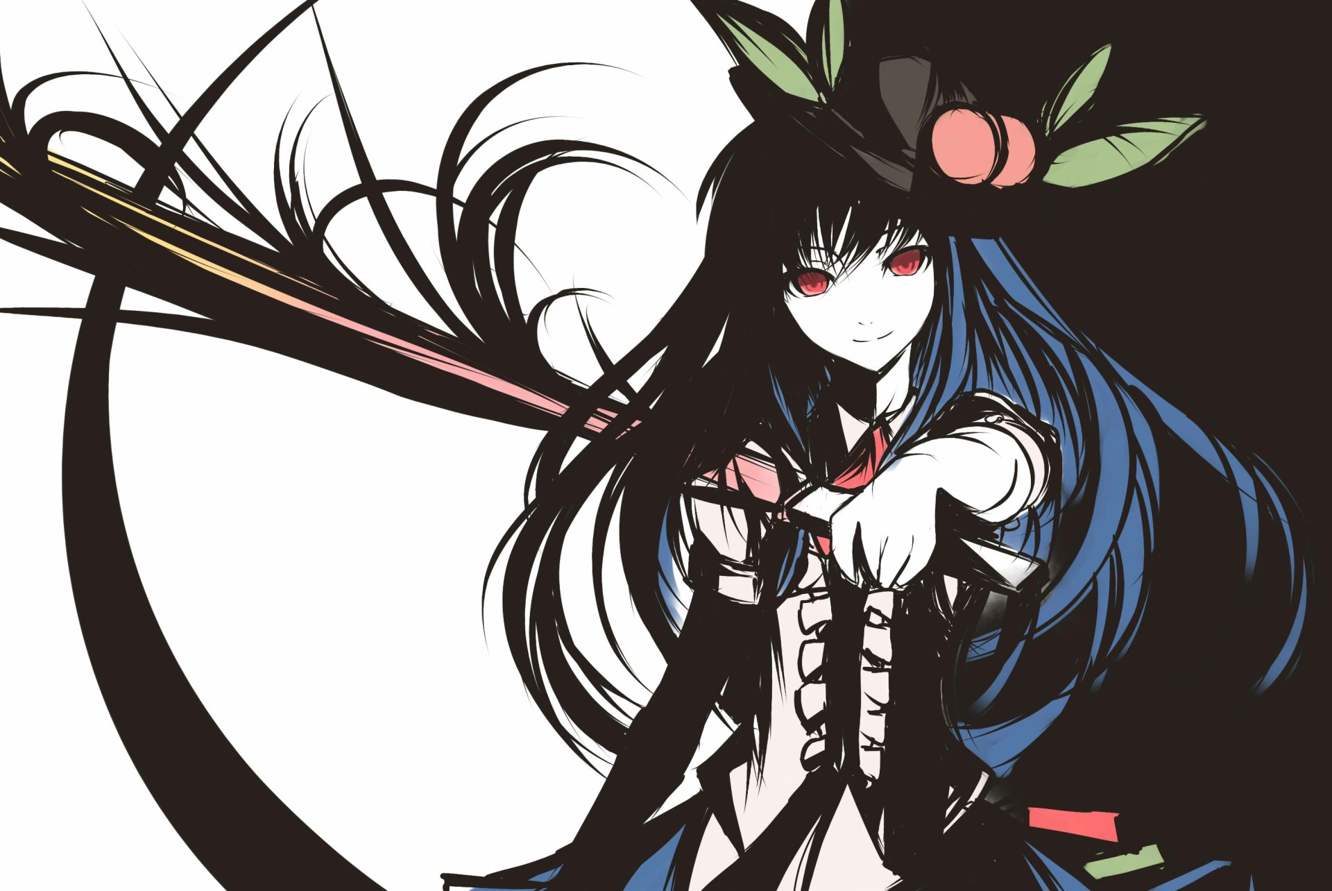 HD PC desktop wallpaper featuring Tenshi Hinanawi from the Touhou anime series, showcasing her dynamic pose and striking black and blue hair against a dark background.