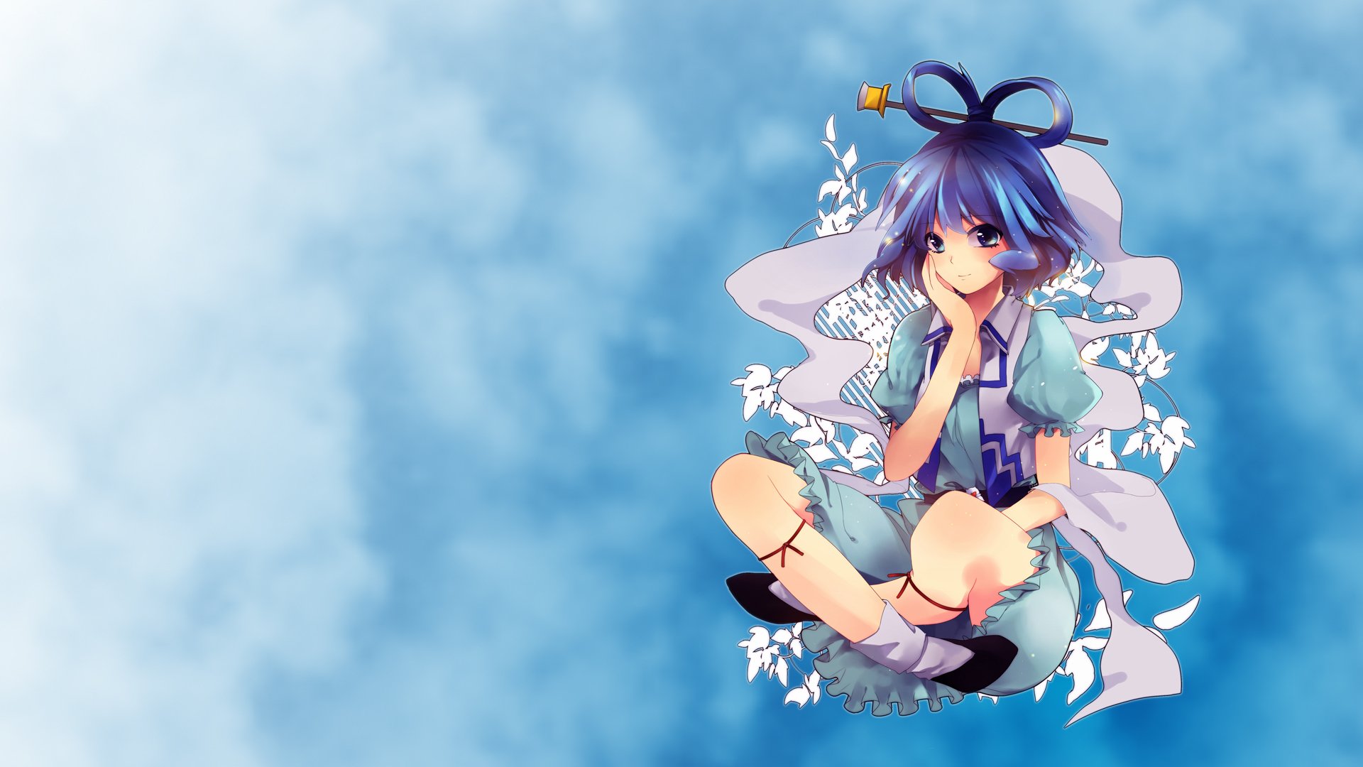HD anime desktop wallpaper featuring Seiga Kaku from Touhou, with a soft blue sky background and floral accents around the character.
