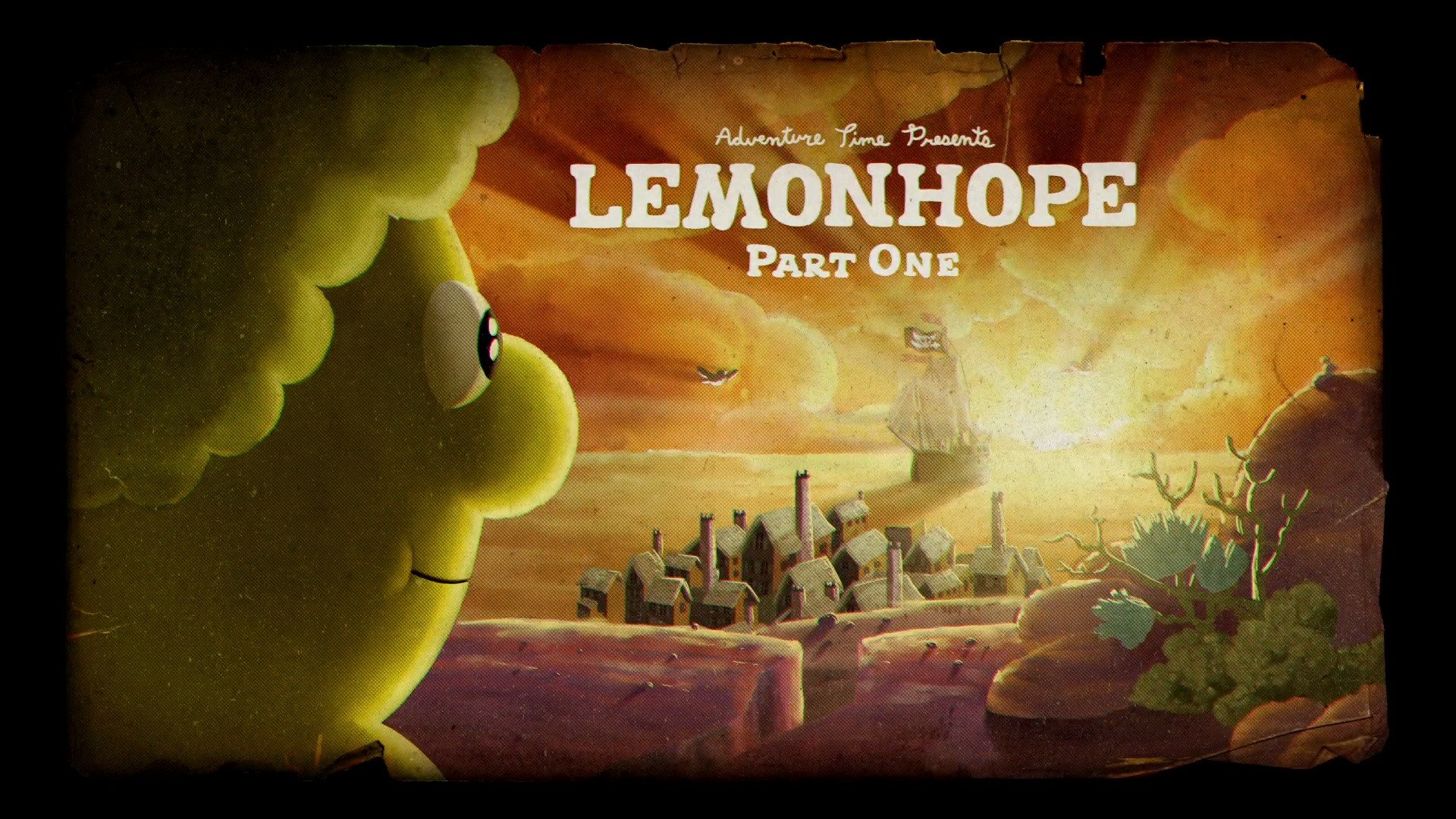 HD PC desktop wallpaper/background from the TV show Adventure Time — Lemonhope Part One: a lemon-headed character gazes over a sunlit cityscape and distant ship.