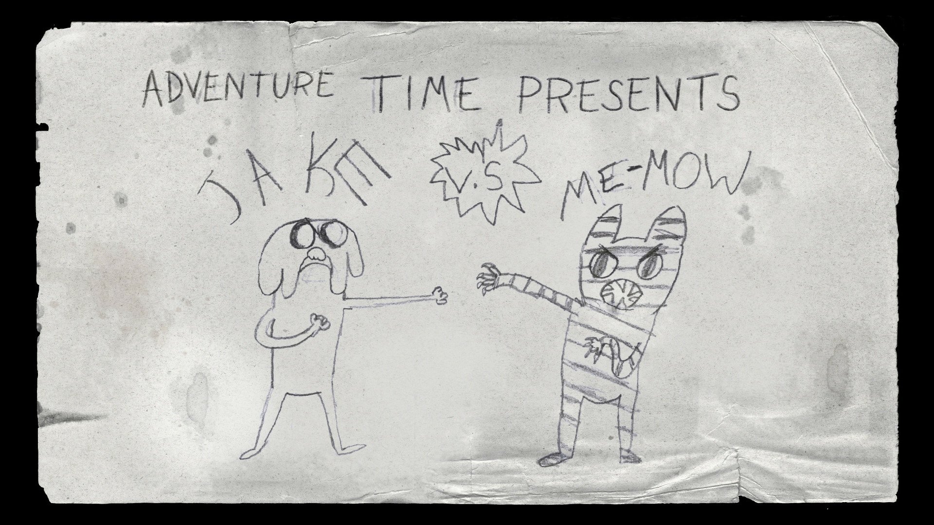 Hand-drawn style Adventure Time HD desktop wallpaper featuring Jake and Me-Mow facing off in a playful showdown.