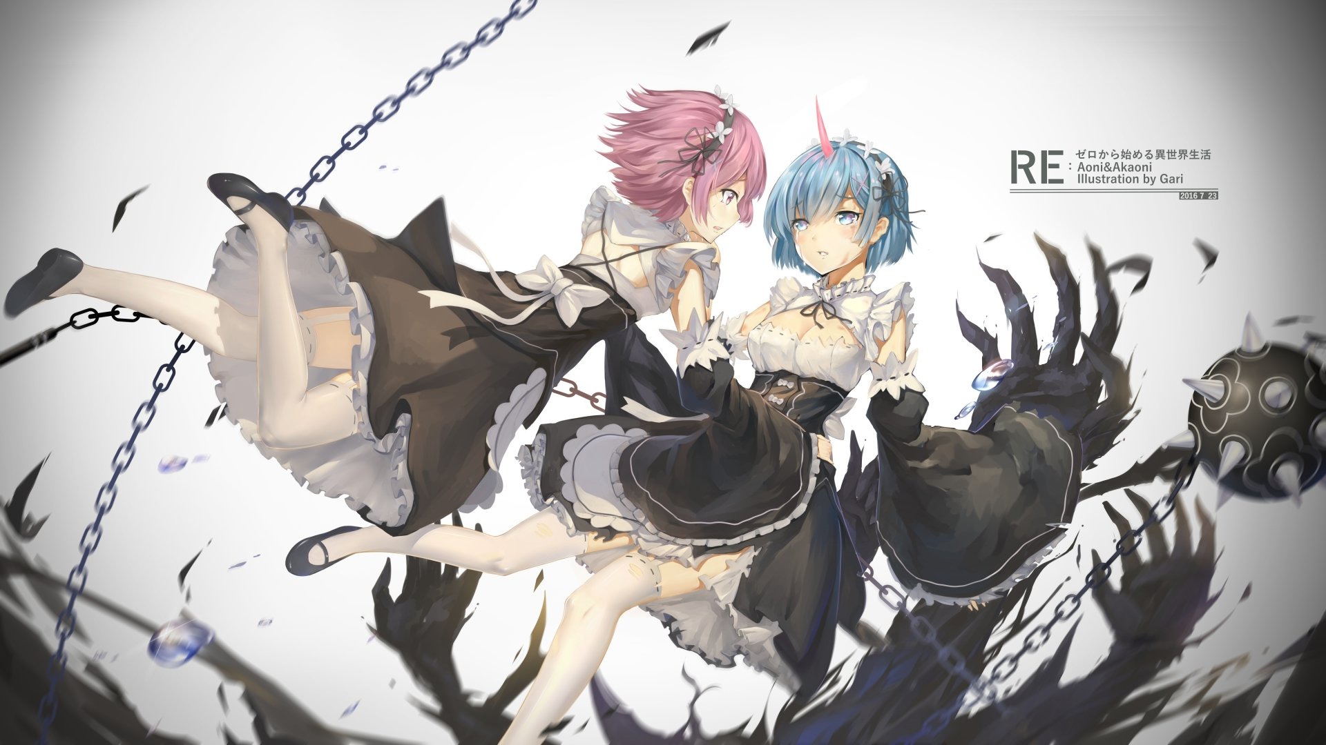 An HD desktop wallpaper featuring Ram and Rem from Re:Zero - Starting Life in Another World, showcasing their unique styles and an intriguing dark background.