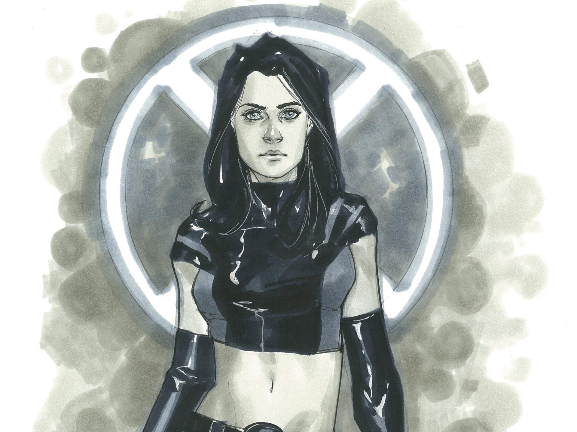 Comic-style portrait of X-23 in a black crop top and gauntlets with the X-Men emblem behind her — 2K Quad HD PC desktop wallpaper/background.