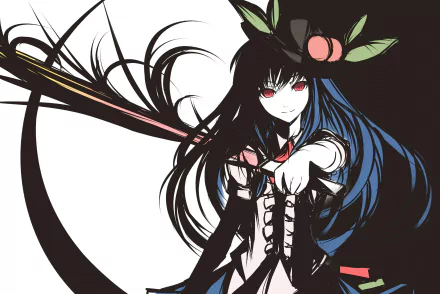 HD PC desktop wallpaper featuring Tenshi Hinanawi from the Touhou anime series, showcasing her dynamic pose and striking black and blue hair against a dark background.