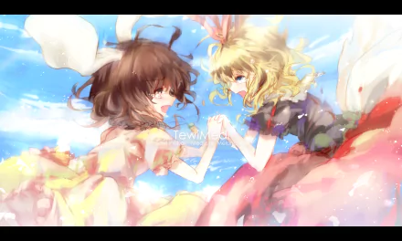 Tewi Inaba and Medicine Melancholy (Touhou) in anime-style 2K Quad HD PC desktop wallpaper: two girls hand-in-hand floating against a bright blue sky with clouds.