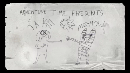Hand-drawn style Adventure Time HD desktop wallpaper featuring Jake and Me-Mow facing off in a playful showdown.